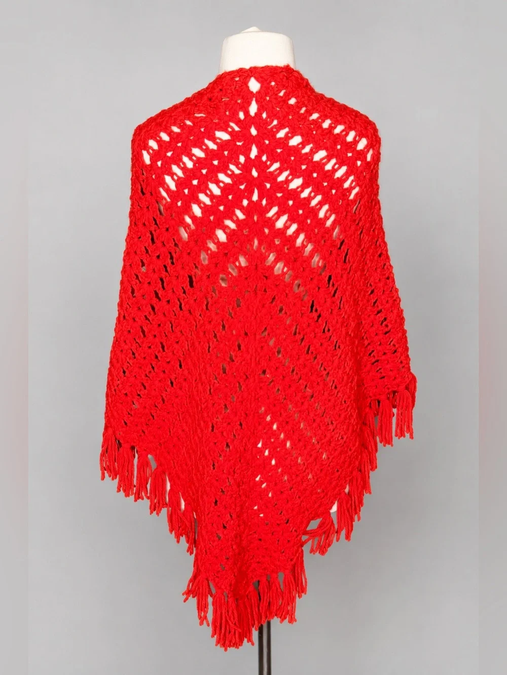Handmade Red Crochet Triangle Shawl Wrap Fringe Boho Festival Vintage
